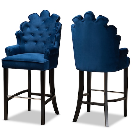 Baxton Studio Chloe Modern and Contemporary Navy Blue Velvet and Dark Brown Finished Wood 2-Piece Bar Stool Set 181-11008-Zoro